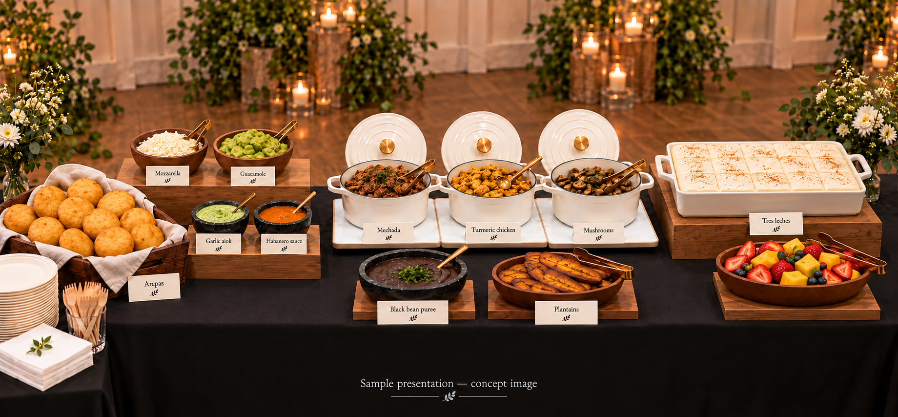 Arepa Table presentation concept with separate arepas, fillings, toppings, sides and dessert