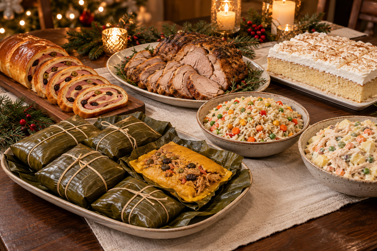 Holiday presentation concept featuring hallacas, sliced pan de jamón, roasted pork, vegetable rice, ensalada de gallina and tres leches