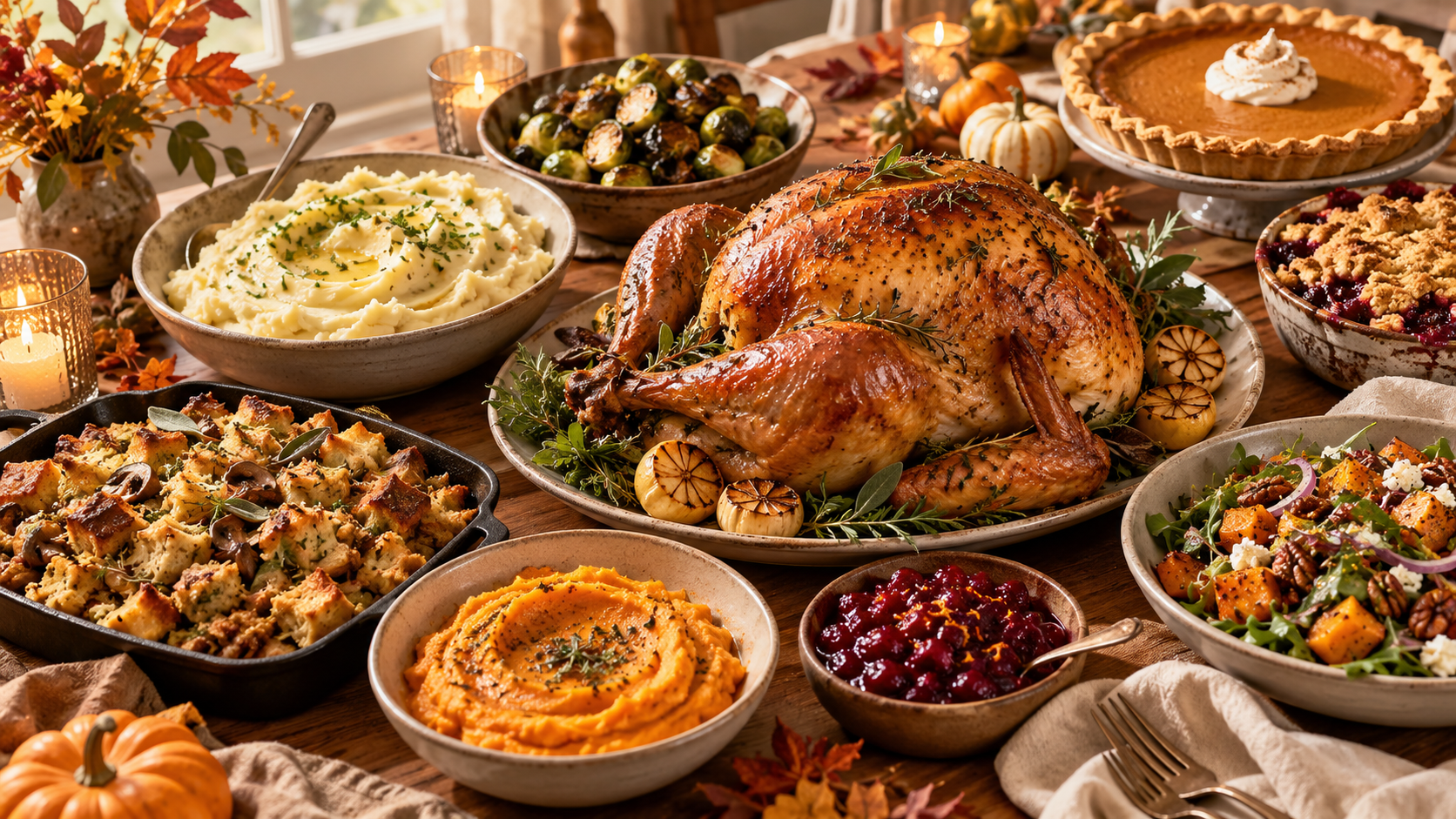 Thanksgiving presentation concept with roast turkey, colorful sides and desserts