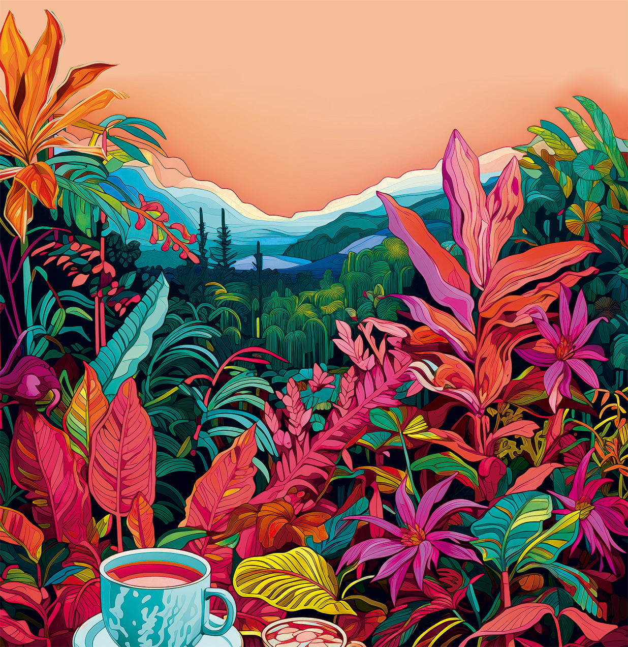 Colorful tropical illustration of Caribbean foliage, mountains and a cup of La Ñapa coffee